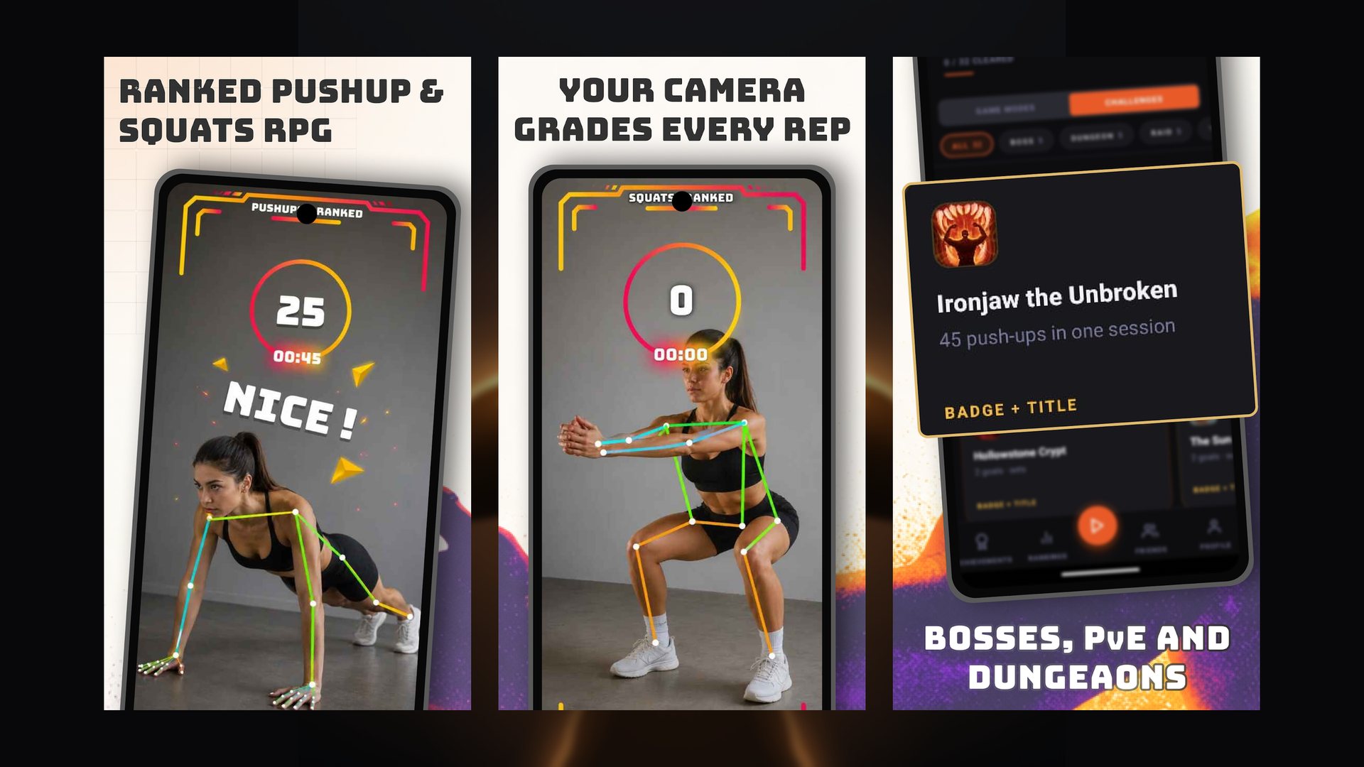League of Pumps store screenshots: ranked push-ups, the camera grading a squat, and badges
